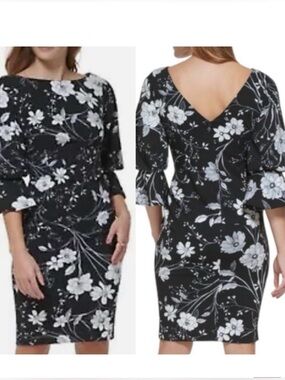 New Calvin Klein Floral Bell Cuff Sheath Dress In Black/Cream
Size 4 or 6 BWT